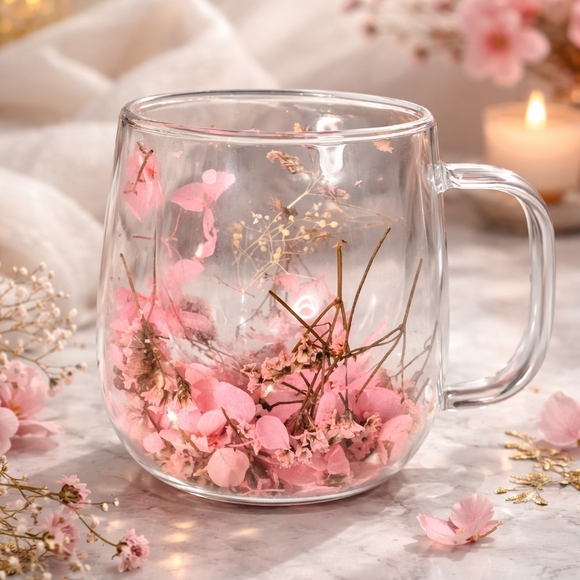 Pressed Flower Glass Mug Set Pink Blue – Aesthetic Floral Tea Cups Handmade Gift - Picture 2 of 12